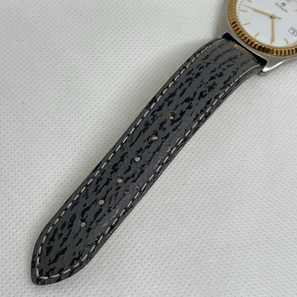 Titan men date silver gold tone wrist watch 36mm round shark leather running - Picture 6 of 8